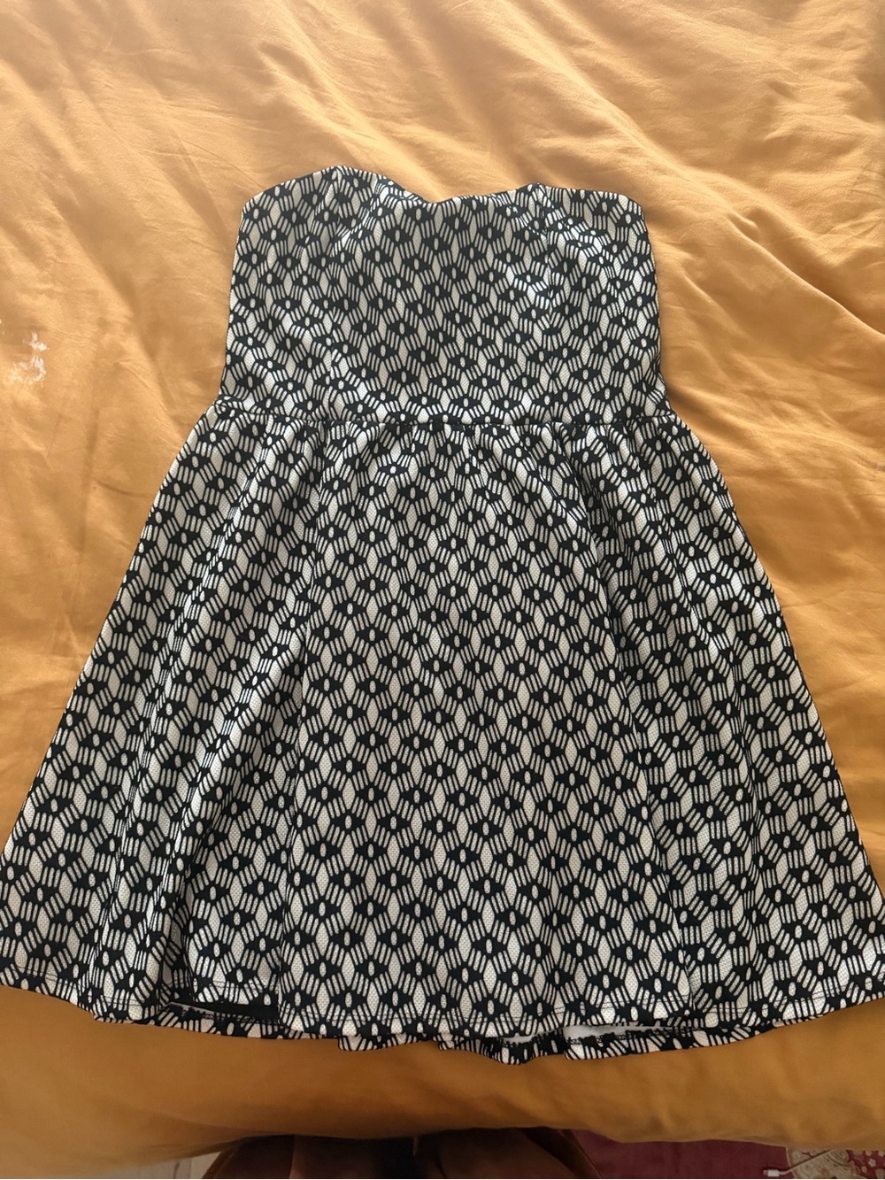 Strapless Black and Gold Patterned Fit-and-Flare Dress
